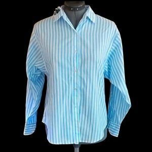90s Vintage women's blue and white striped shirt